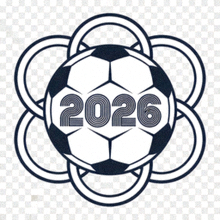 2026年世界杯官方标志圆形展示，金色奖杯图案置于蓝色渐变背景中央